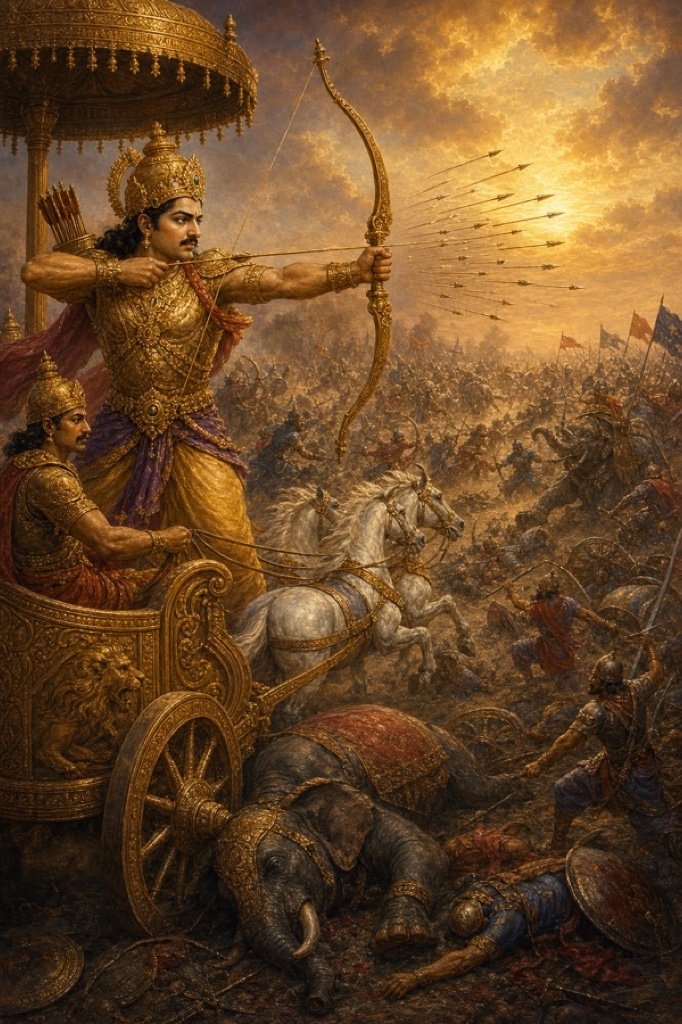 The eighty-five-year-old dark-complexioned Drona, white locks to his ears, fighting like a sixteen-year-old youth amid the dust of the war-road.