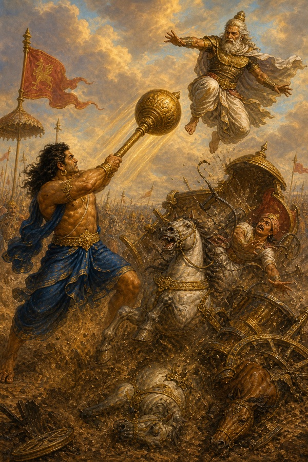 Bhima hurling a Yama-rod mace at Drona, who leaps from his chariot as the mace drives his horses, charioteer and car into the earth.