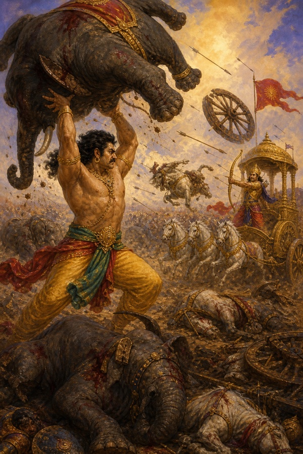 Out of arrows, Bhima among slain elephants hurling carcasses, chariot-wheels and dead horses at Karna.