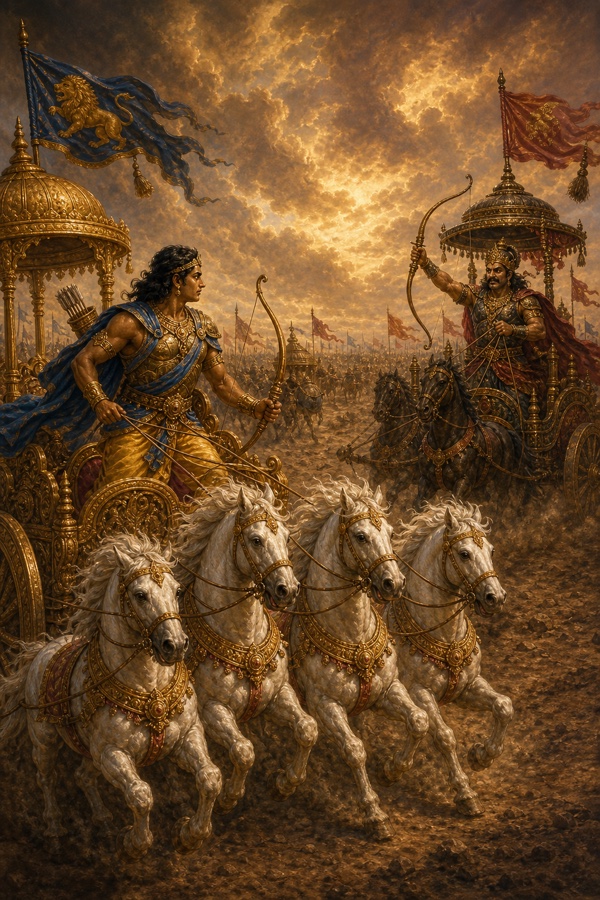 Satyaki on his silver-white horses shearing off King Alambusha's earring-crowned head with a broad arrow.