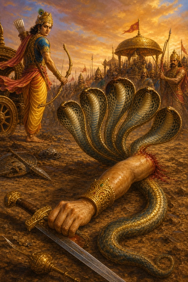 The severed sword-clutching, armlet-bound arm of Bhurishrava falling to the ground like a five-hooded serpent.