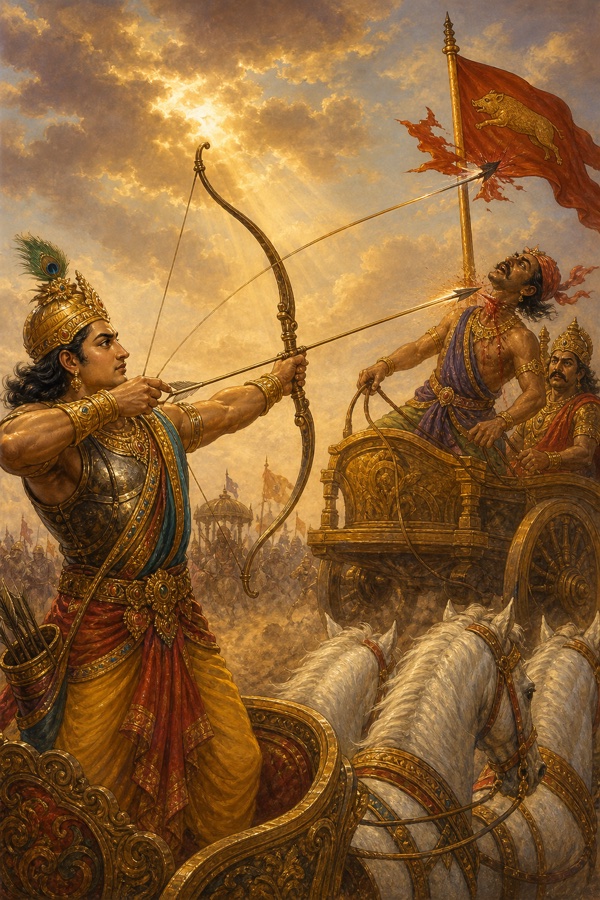 Arjuna with two simultaneous arrows striking off Jayadratha's charioteer's head and his boar-emblem banner.