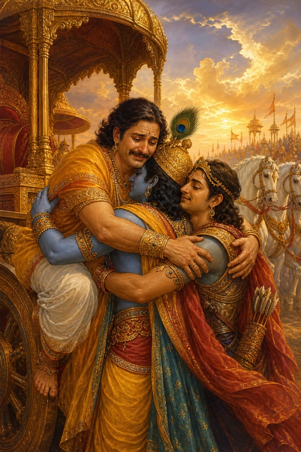 Yudhishthira springing down from his chariot, eyes brimming with joyful tears, to embrace Krishna and Arjuna.