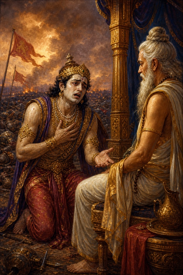 A grief-stricken, pale Duryodhana, breathing hot like a broken-fanged serpent, going to Drona to lament the slaughter.
