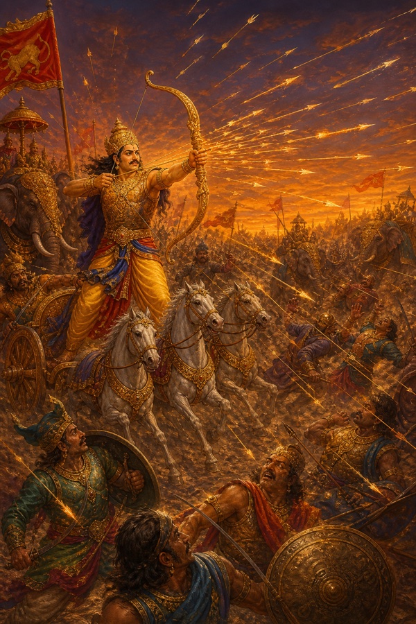 Duryodhana alone plunging into the Pandava host at dusk, his arrow-storm scorching them like a noon sun, the army scattering.