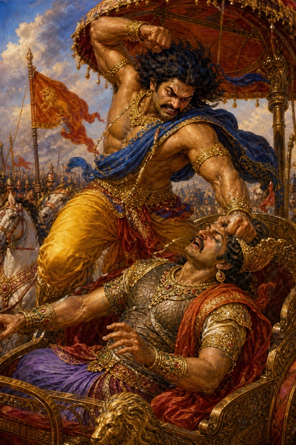 Enraged Bhima leaping onto the Kalinga prince's chariot and smashing him to death with bare fists alone.