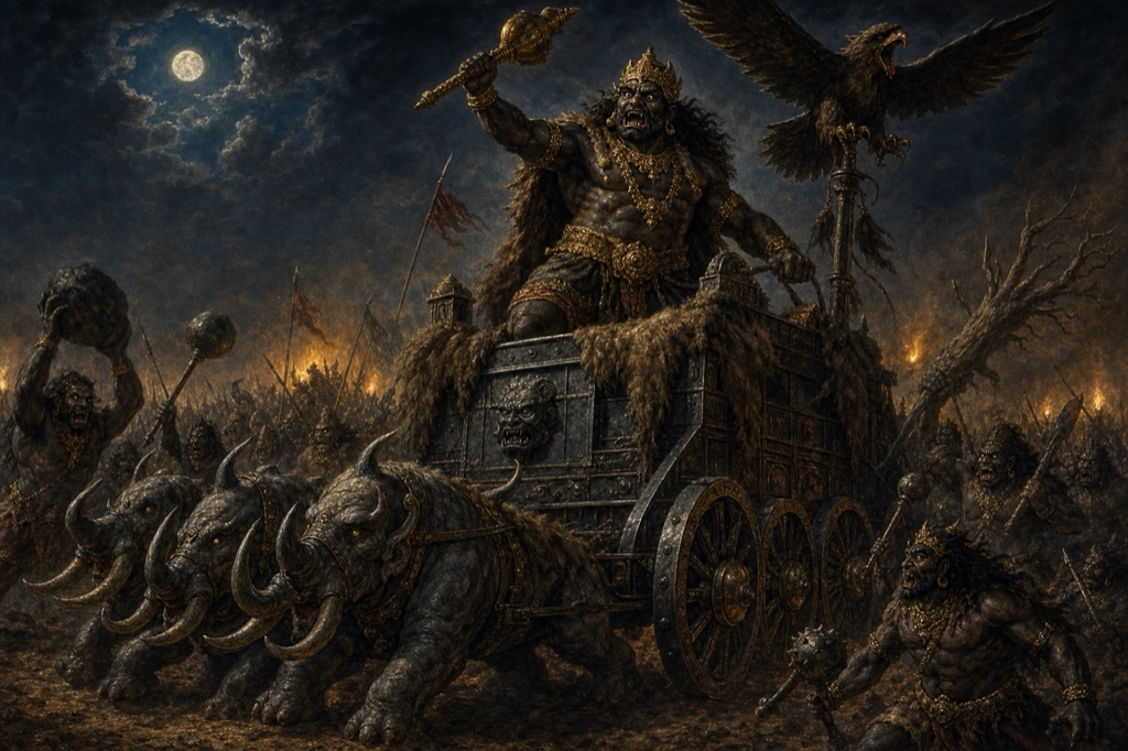 The rakshasa Ghatotkacha on his vast black-iron, bear-hide chariot with a vulture-king on its banner, looming over the night battle.