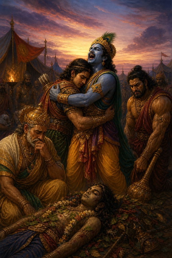 घटोत्कच के फूल-सजे शव के पास कृष्ण अर्जुन को गले लगाते हैं; पास भीम और वृद्ध राजा शोकमग्न हैं।