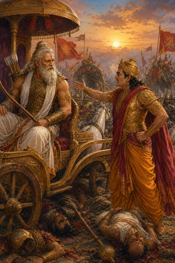 दुर्योधन रथ पर बैठे वृद्ध द्रोण की ओर हाथ बढ़ाकर रोष जताता है, चारों ओर शव बिखरे पड़े हैं।