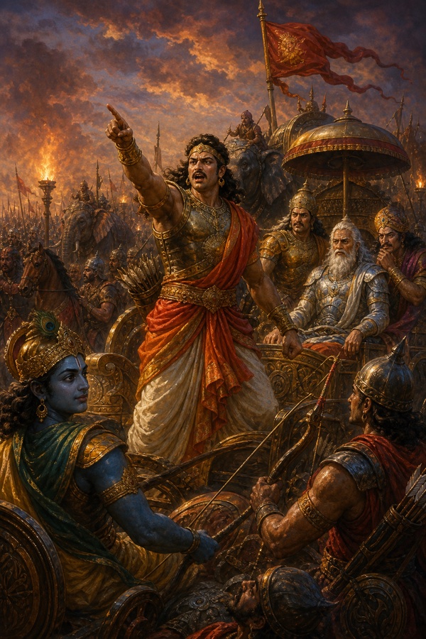स्वर्ण-कवचधारी योद्धा रणभूमि में आगे की ओर संकेत करता है; पीछे रथ पर श्वेत-दाढ़ी द्रोण और नीचे कृष्ण हैं।