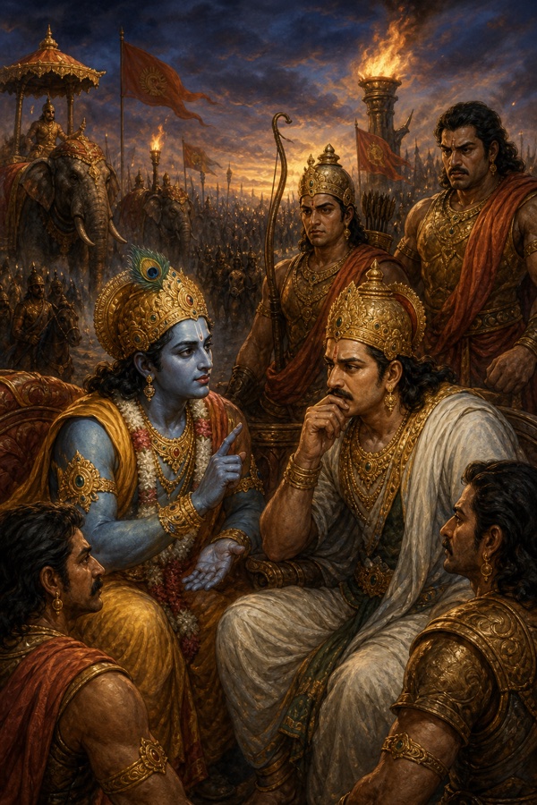 रात्रि शिविर में कृष्ण चिंतित युधिष्ठिर को समझाते हैं, चारों ओर पांडव भाई गंभीर मुद्रा में बैठे हैं।