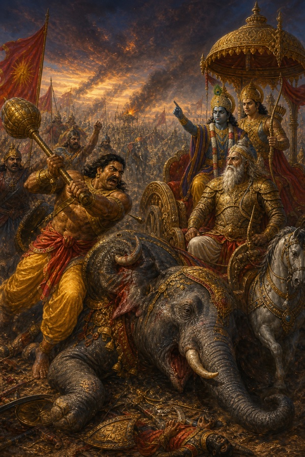 भीम विशाल गदा से हाथी का वध करता है; पास रथ पर कृष्ण संकेत करते हैं और वृद्ध योद्धा बैठा है।