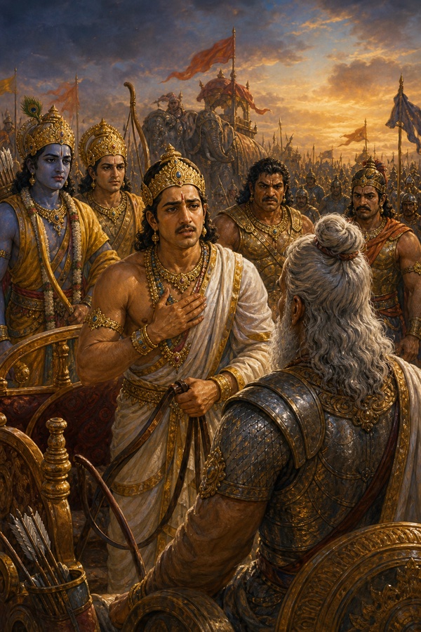 युधिष्ठिर हाथ हृदय पर रखे संकोच से वृद्ध द्रोण को उत्तर देते हैं, पीछे कृष्ण और योद्धा खड़े हैं।