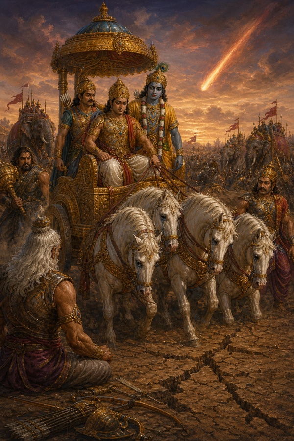 युधिष्ठिर के रथ तले धरती चटकती है और आकाश में उल्का लपकती है; सामने वृद्ध योद्धा शस्त्र त्यागे बैठा है।