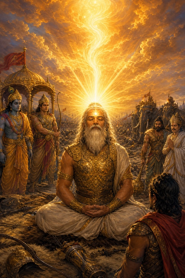 ध्यानस्थ द्रोण के मस्तक से ज्योति निकलकर आकाश की ओर उठती है; कृष्ण और योद्धा यह दृश्य देखते हैं।