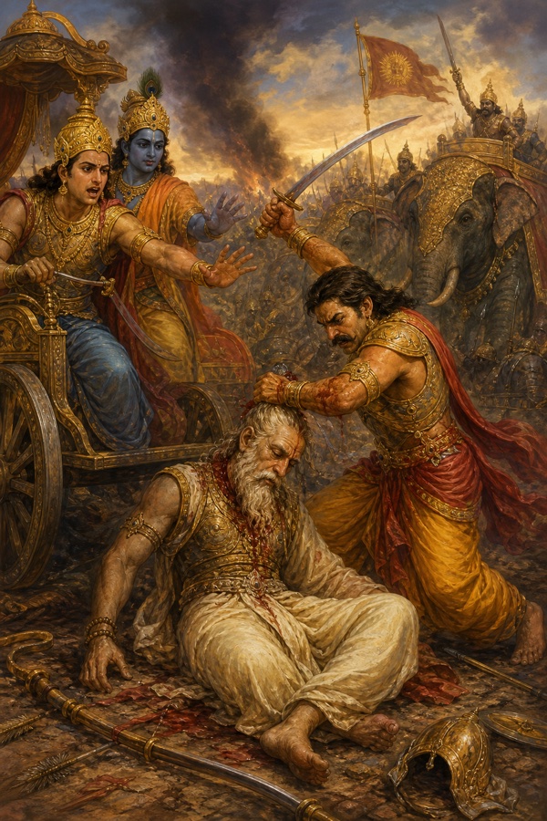 धृष्टद्युम्न तलवार उठाए बैठे द्रोण के केश पकड़ता है; रथ से कृष्ण और अर्जुन रोकने के लिए हाथ बढ़ाते हैं।