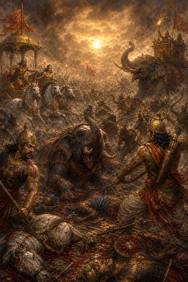 रक्तरंजित रणभूमि में घायल हाथी चिंघाड़ता है और योद्धा शवों के बीच एक-दूसरे पर टूट पड़ते हैं।