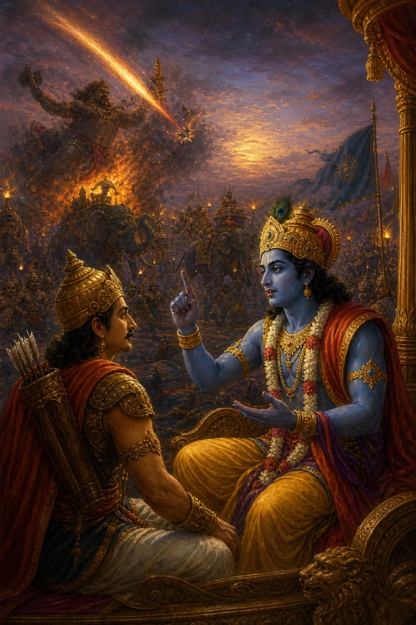 कृष्ण उंगली उठाकर पास बैठे योद्धा को समझाते हैं; पीछे आकाश में जलती शक्ति राक्षस की ओर लपकती है।