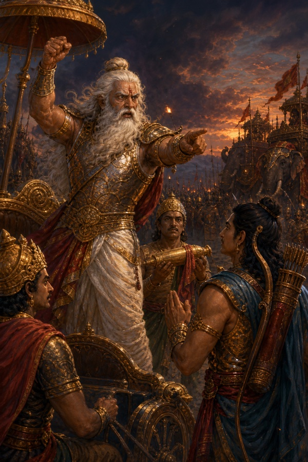 क्रुद्ध द्रोण रथ पर से भुजा फैलाकर आदेश देते हैं, सामने हाथ जोड़े योद्धा और सैनिक खड़े हैं।