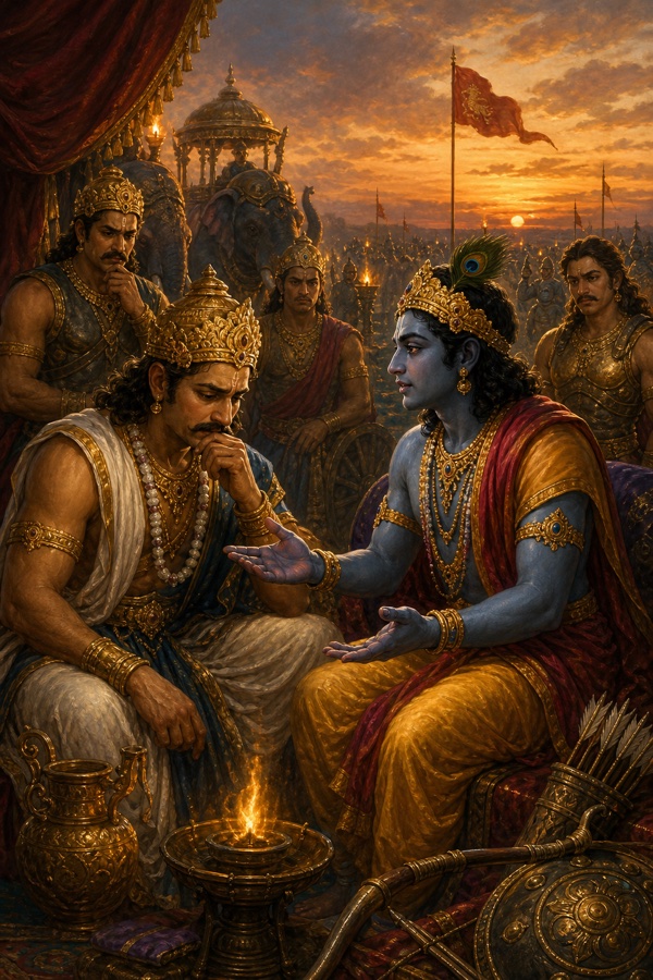 सांझ के शिविर में दीप के पास कृष्ण दोनों हाथों के संकेत से शोकमग्न युधिष्ठिर को समझाते हैं।