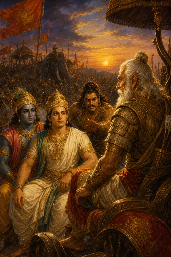 वृद्ध द्रोण रथ से हाथ बढ़ाकर सामने बैठे युधिष्ठिर से प्रश्न करते हैं, पास कृष्ण शांत भाव से देखते हैं।