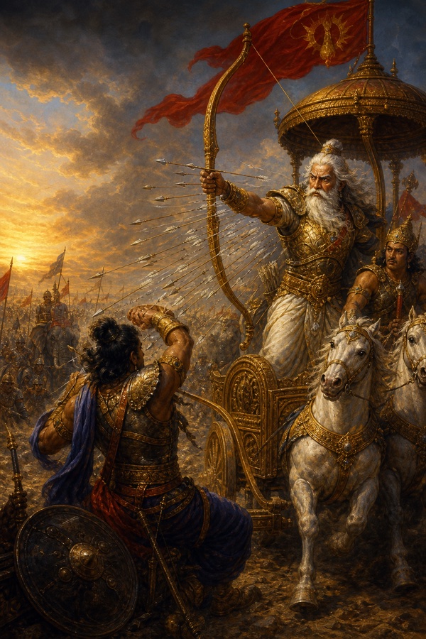 रथारूढ़ द्रोण बाणों की झड़ी बरसाते हैं; सामने ढाल लिए योद्धा झुककर वार से बचता है।