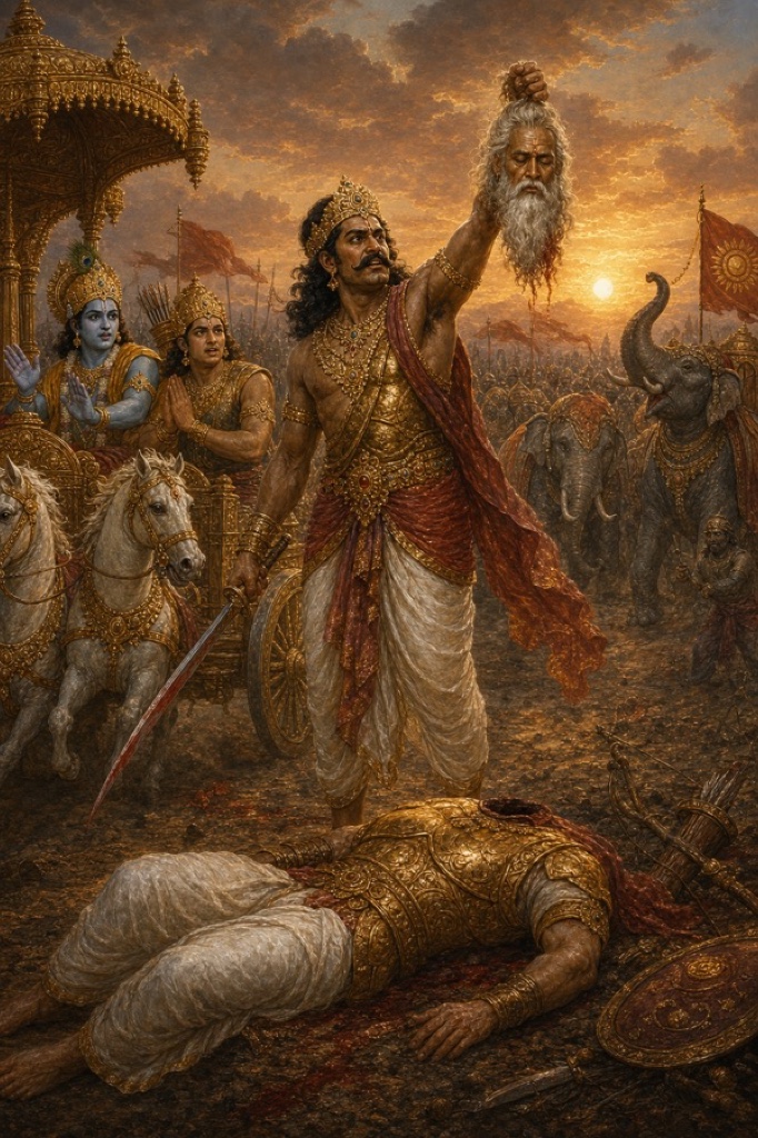 धृष्टद्युम्न द्रोण का कटा शीश ऊँचा उठाए खड़ा है; रथ पर कृष्ण और योद्धा हाथ उठाकर स्तब्ध रह जाते हैं।