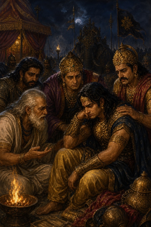 रात्रि शिविर में शोकमग्न युवा राजा गाल पर हाथ टिकाए बैठा है; वृद्ध और साथी राजा सांत्वना देते हैं।