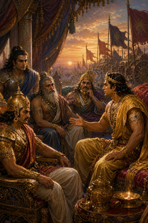 संध्या के शिविर में कर्ण हाथ बढ़ाकर बैठे राजाओं से बोलता है; दुर्योधन और वृद्ध गुरु ध्यान से सुनते हैं।