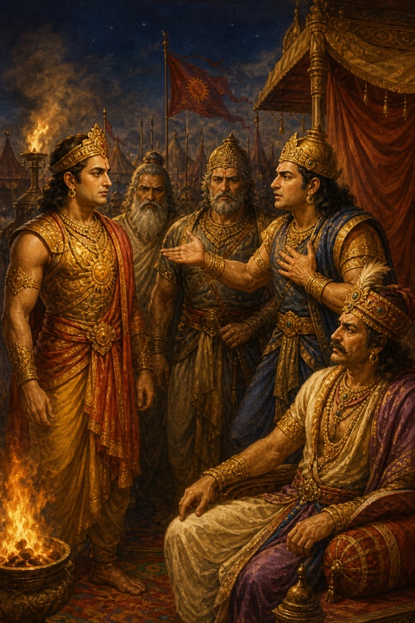 रात्रि शिविर में नीले वस्त्रधारी योद्धा हृदय पर हाथ रखकर बोलता है; स्वर्ण-कवचधारी युवा और बैठा राजा सुनते हैं।
