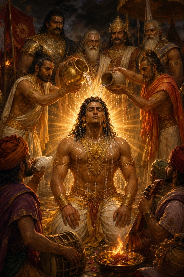 अभिषेक में ब्राह्मण कलशों से कर्ण पर जल ढालते हैं; शंख, मृदंग और वीणा के बीच ज्योति फैलती है।