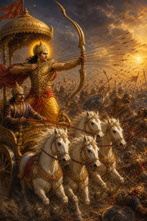कर्ण रथ से एक साथ कई बाण छोड़ता है; सारथी शल्य श्वेत घोड़ों को दौड़ाता है, सामने भालेधारी सेना है।