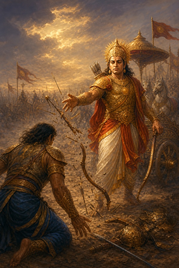 कर्ण टूटे धनुष के पास घुटनों पर झुके पराजित योद्धा की ओर हाथ बढ़ाकर उसे जीवनदान देता है।