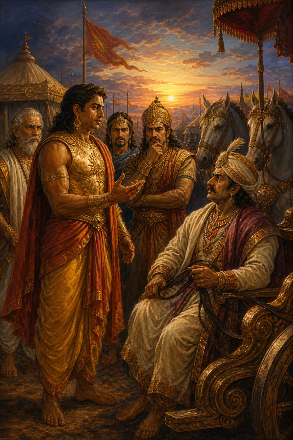 कर्ण खुली हथेली से रथ के पास बैठे शल्य से आग्रह करता है; पीछे योद्धा सोच में डूबे खड़े हैं।