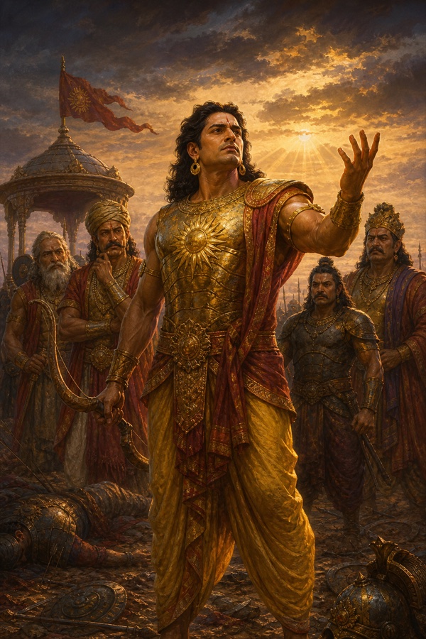 कर्ण शव-बिखरी रणभूमि में धनुष थामे उगते सूर्य की ओर हाथ उठाकर प्रणाम करता है, पीछे वृद्ध योद्धा खड़े हैं।