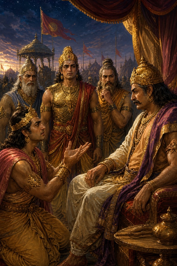 दुर्योधन घुटनों पर बैठ हाथ फैलाकर आसन पर विराजे शल्य से विनती करता है; पीछे कर्ण और वृद्ध खड़े हैं।