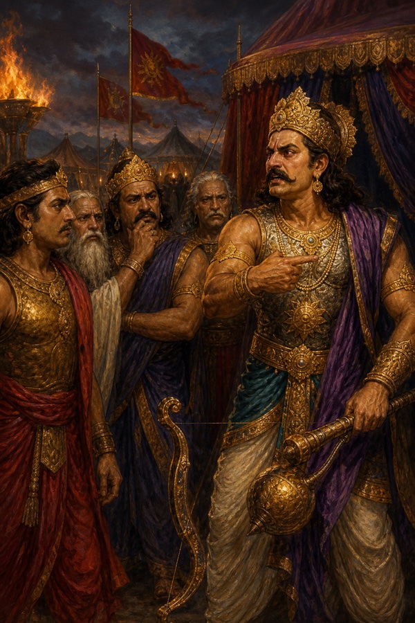 क्रुद्ध शल्य गदा थामे अपनी छाती की ओर संकेत करके रोष जताता है; सामने युवा राजा और वृद्ध सुनते हैं।