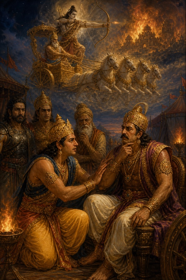 दुर्योधन बैठे शल्य का हाथ थामकर मनाता है; ऊपर शिव धनुष साधे और ब्रह्मा सारथी बने त्रिपुर-दहन का दृश्य है।