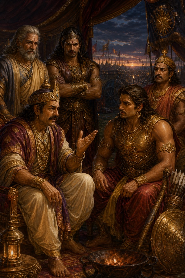 रात के शिविर में बैठा शल्य हाथ उठाकर कर्ण के सामने अपनी शर्त रखता है; पीछे योद्धा खड़े सुनते हैं।