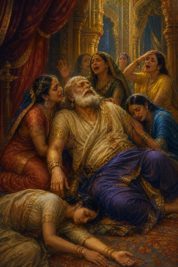 Blind Dhritarashtra collapsing in his hall like a felled elephant as palace women wail and faint around him.