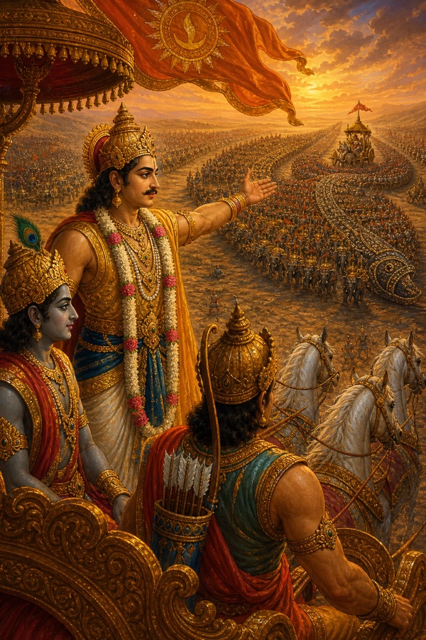 Yudhishthira on his chariot gesturing toward Karna's makara array, urging Arjuna to slay him as the Pandava half-moon forms.