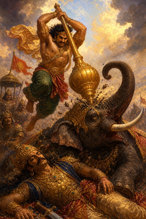 Bhima leaping to the ground, crushing the enemy war-elephant with his mace and felling king Kshemadhurti.