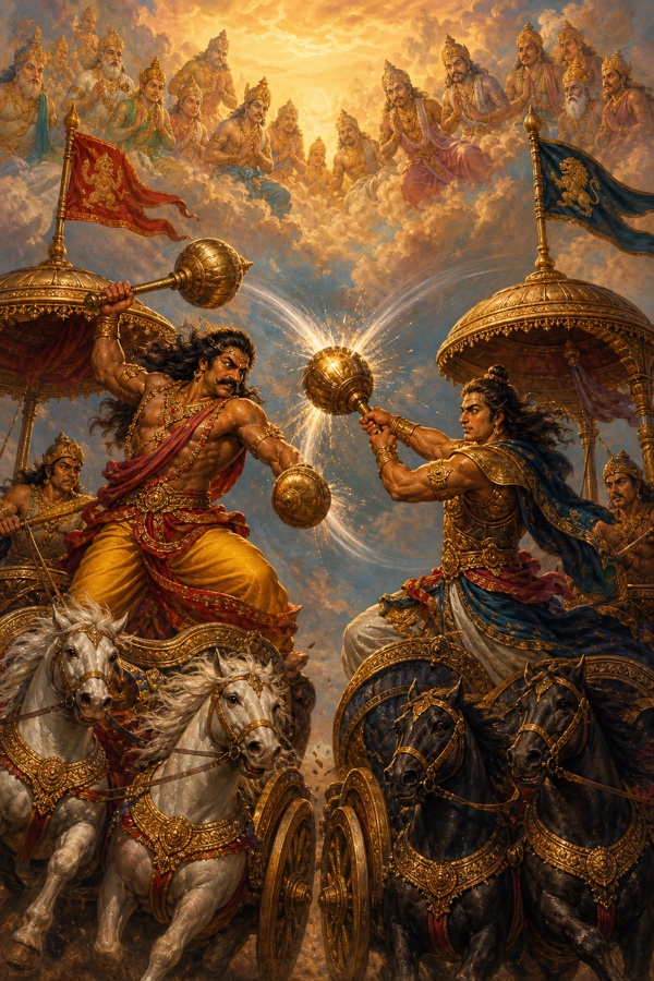 Bhima and Ashwatthama trading head-strikes from their chariots as siddhas in the sky marvel at the matchless duel.