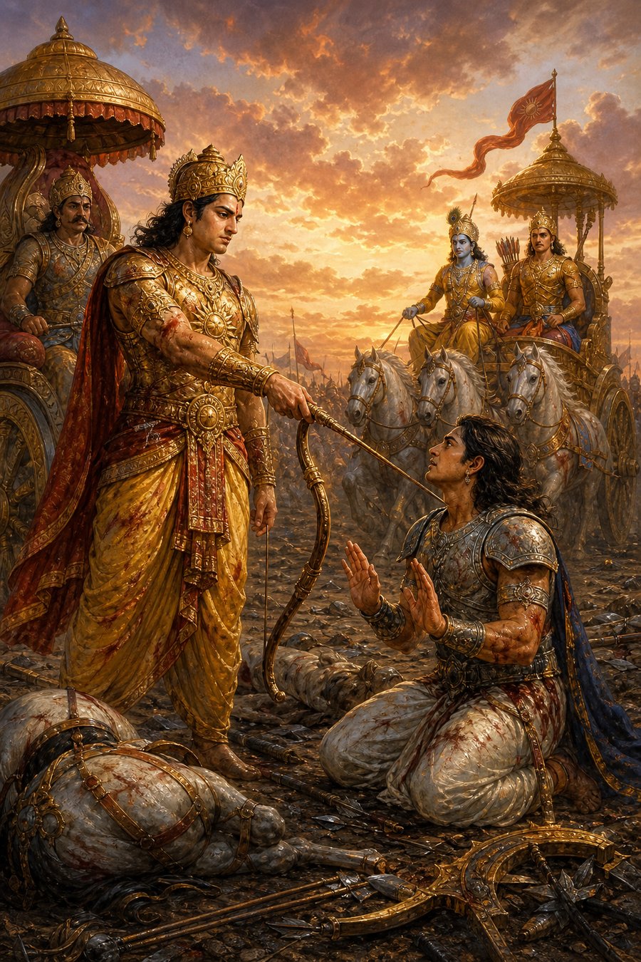 कर्ण घुटनों पर बैठे घायल नकुल के गले में धनुष डालकर उन्हें छोड़ रहे हैं, पीछे कृष्ण का रथ है