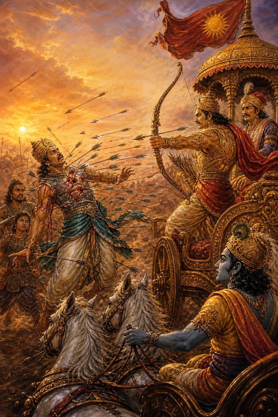 रथ पर सवार कर्ण बाण चला रहे हैं और सामने एक योद्धा अनेक बाणों से बिंधकर लड़खड़ा रहा है