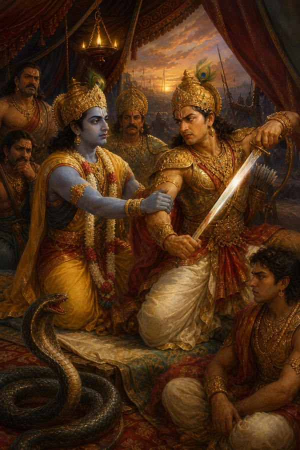 कृष्ण तलवार उठाते अर्जुन की बाँह थामकर उन्हें रोक रहे हैं, आसपास योद्धा चिंतित देख रहे हैं