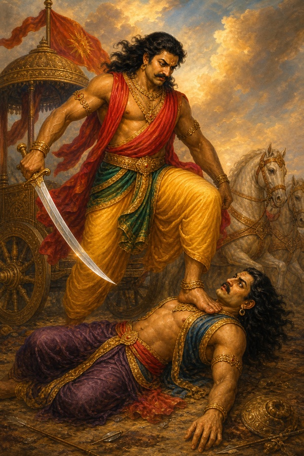 भीम खड्ग लिए भूमि पर गिरे दुःशासन की छाती पर पैर रखे खड़े हैं