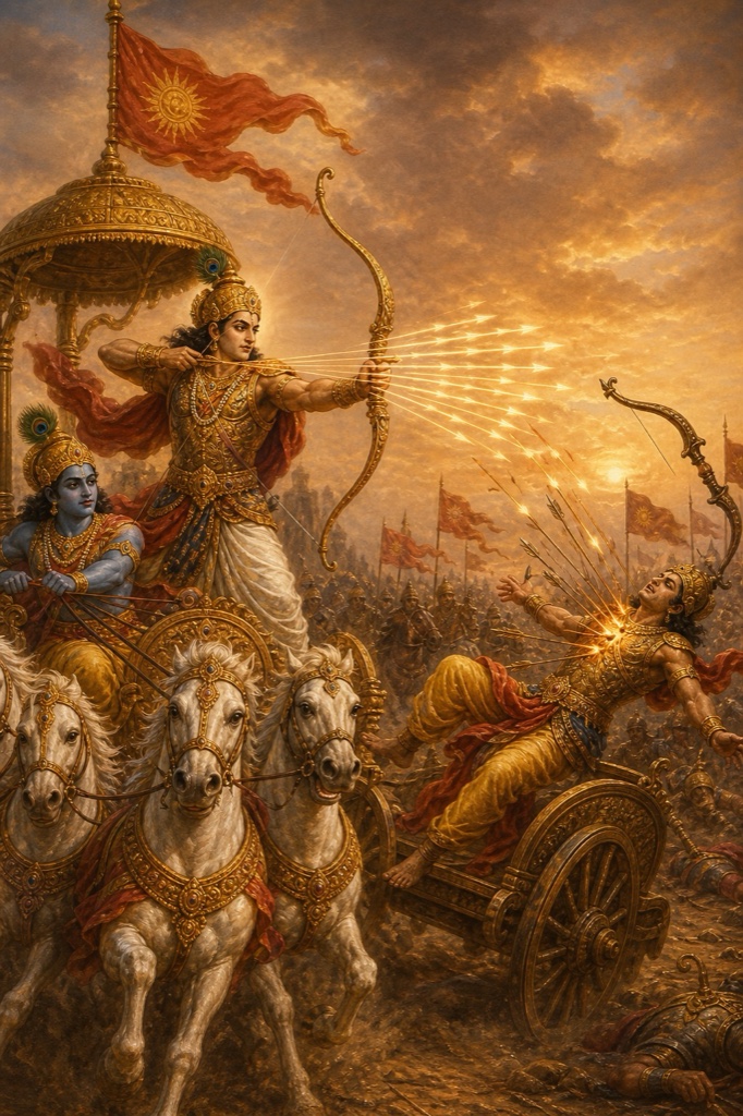कृष्ण के हाँके रथ से अर्जुन तेजस्वी बाणों की झड़ी लगा रहे हैं, सामने एक योद्धा बिंधकर गिर रहा है