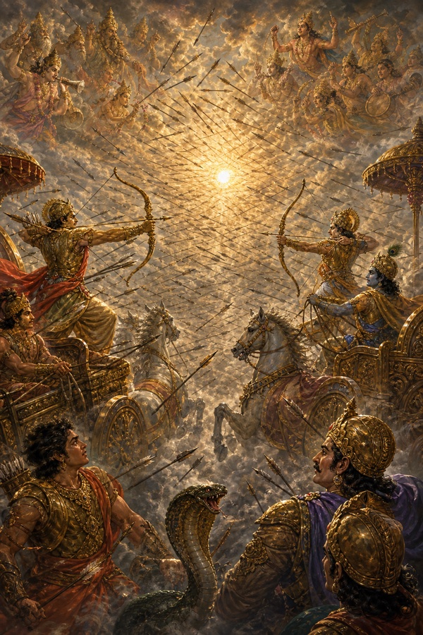 कर्ण और अर्जुन के बाणों से आकाश भर गया है, ऊपर बादलों से देवता युद्ध देख रहे हैं