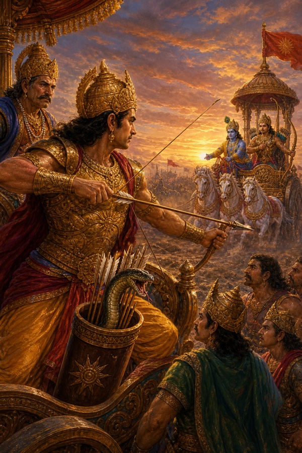 कर्ण रथ पर बाण साधे हैं और तरकश में फन उठाए सर्प है, सामने अर्जुन का रथ है